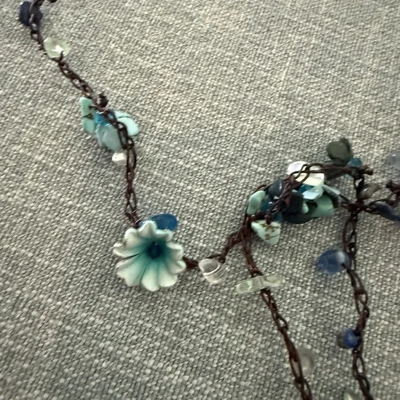 Boho Chic Turquoise Daisy Floral Mix Stone Genuine Leather Lariat Wrap Necklace - Picture 2 of 7
